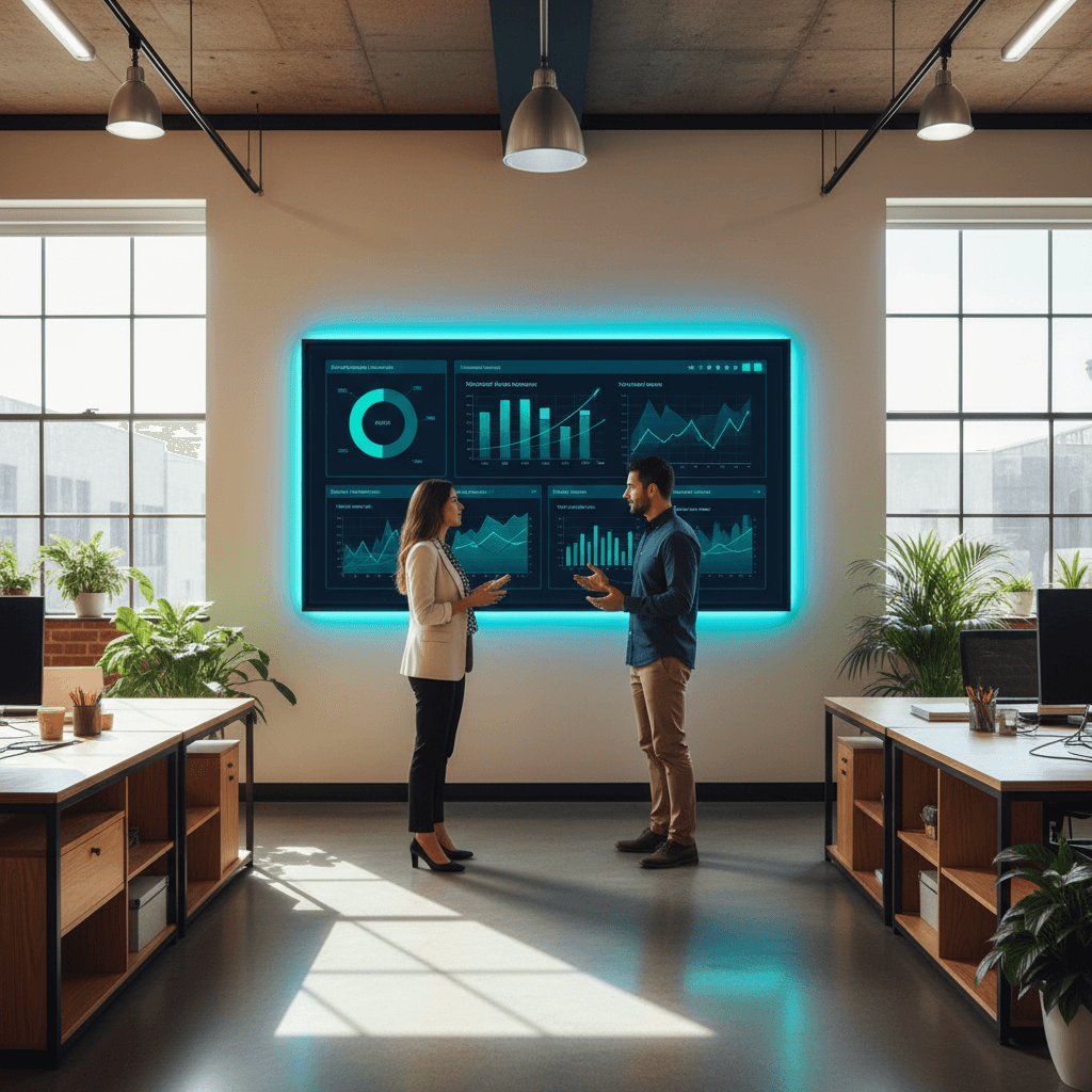 Marketing analytics dashboard with team reviewing performance data