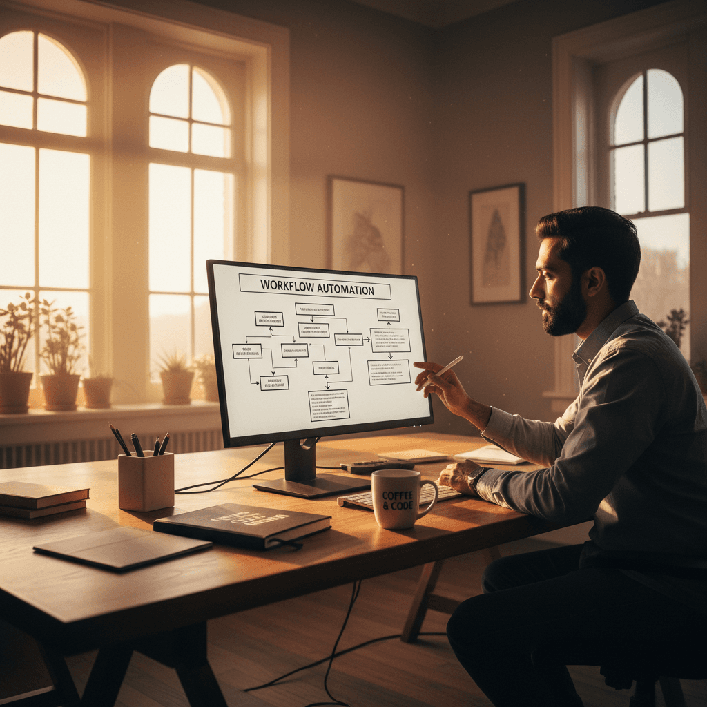 Business owner reviewing automated workflow system on computer