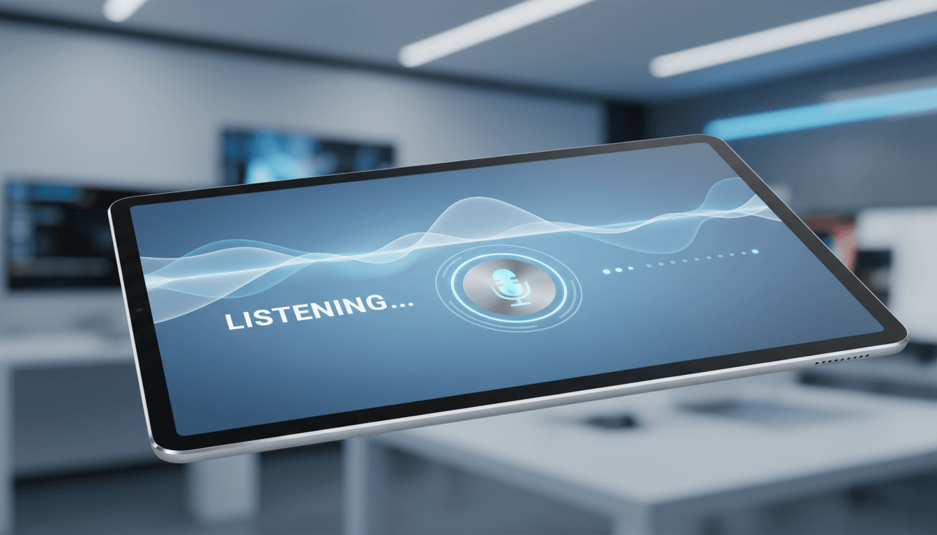 AI voice agent interface with sound waves and microphone visualization