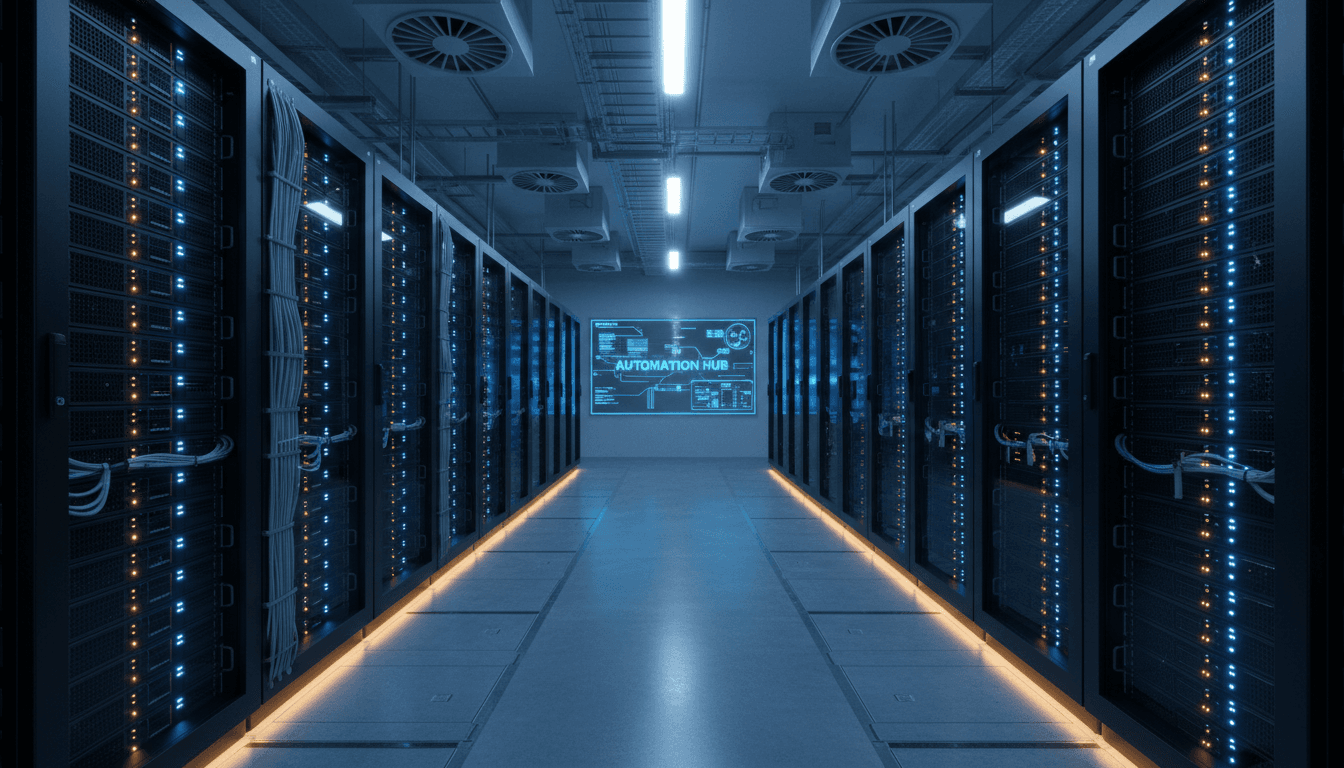 Organized server and automation infrastructure with connected systems and status indicators