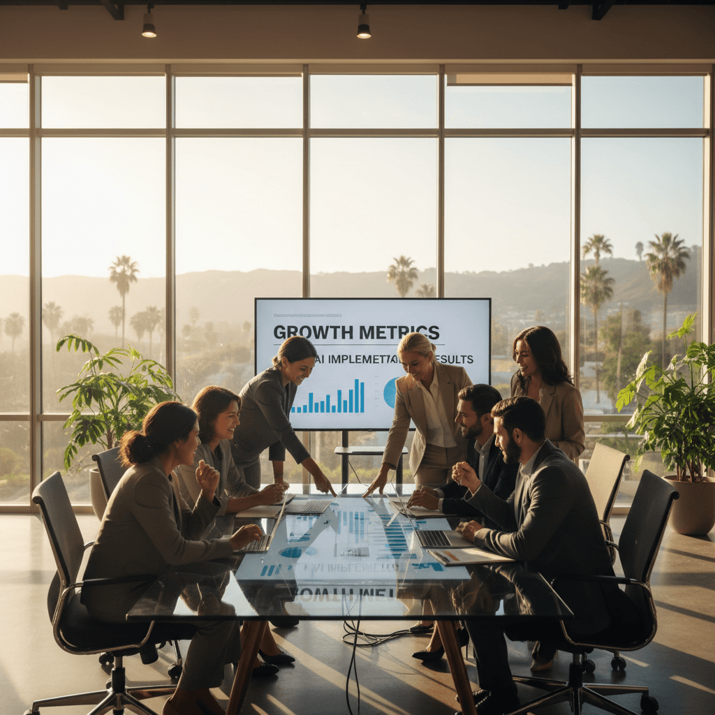 Business team collaborating on AI growth architecture strategy