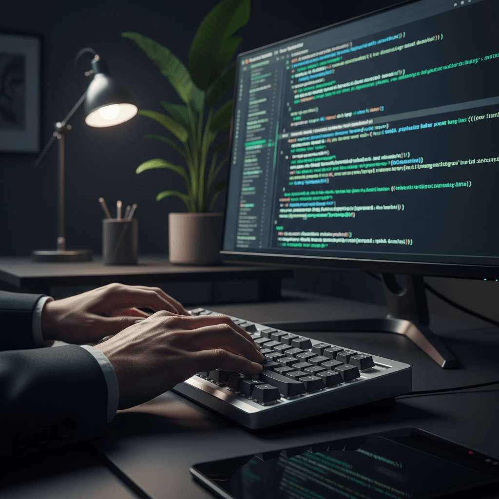Developer hands working on automation code and systems integration