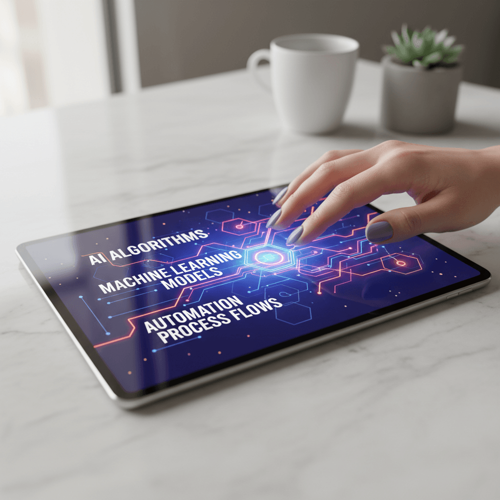 Professional hand interacting with AI algorithm visualization on tablet screen, demonstrating accessible technology interface